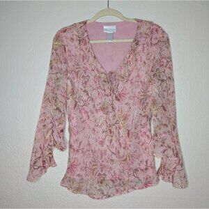 Worthington Womens Floral Pink Fairy Ethereal Fantasy2K Flare Silk Blouse L